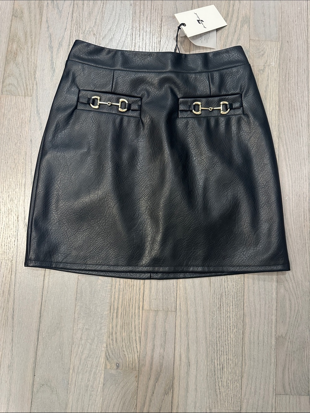 Faux Leather Black Mini Skirt with Gold Buckle Detail